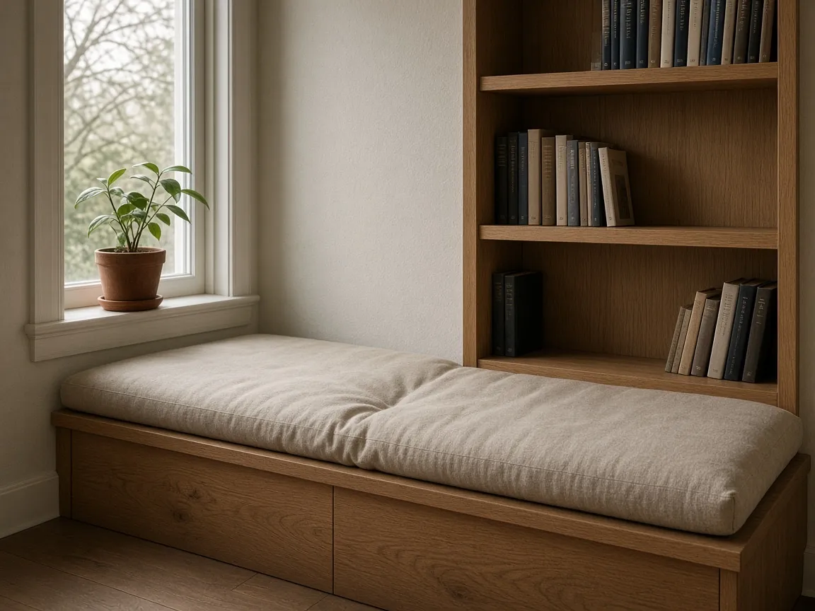 Built-in window seat and bookshelf