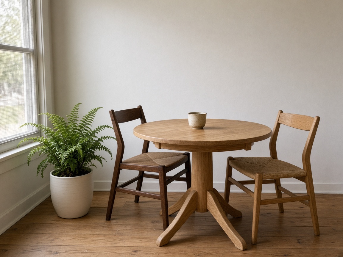Round oak table for two beside a fern-lit window