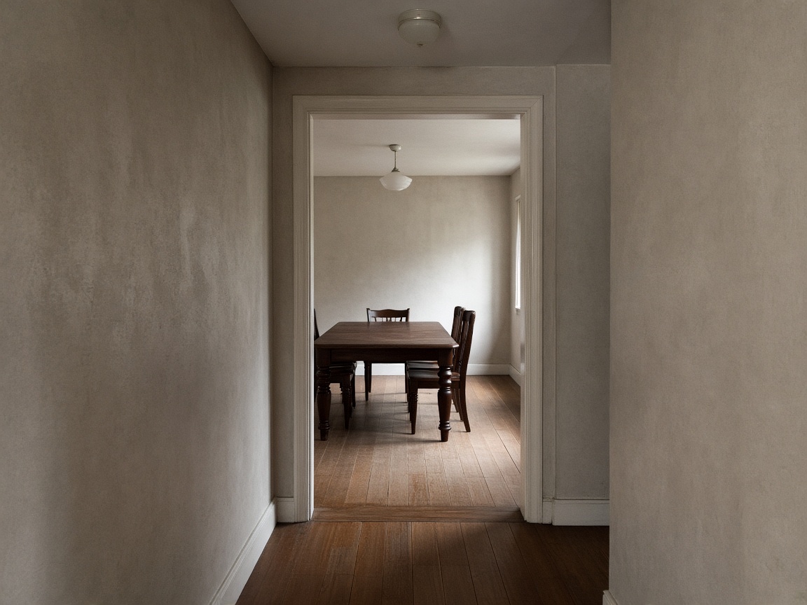 Corridor view toward a walnut dining table