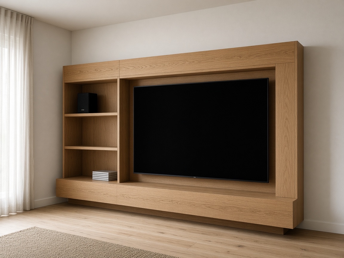 Oak media wall with a blank screen