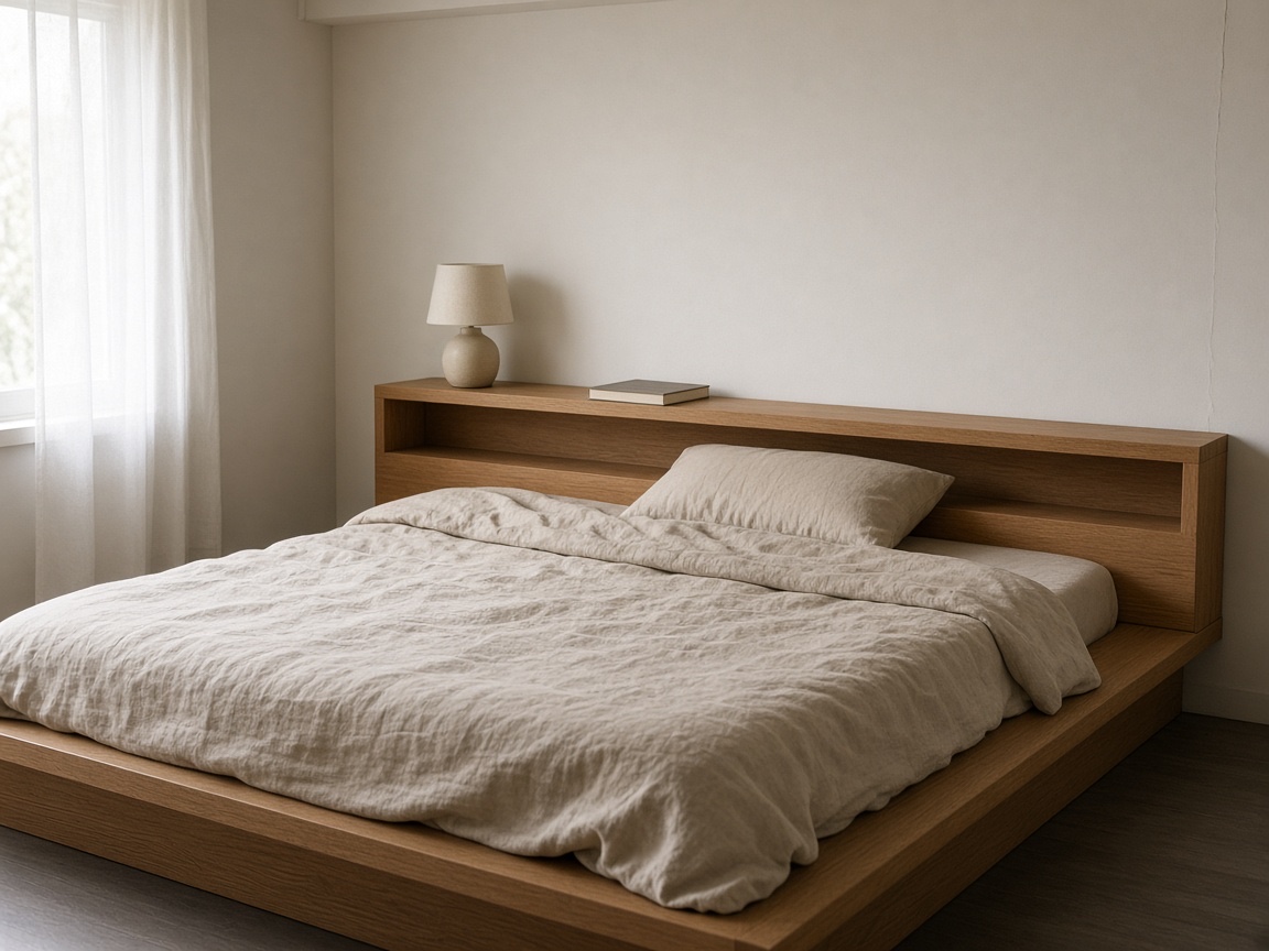 Oak platform bed with a built-in headboard shelf