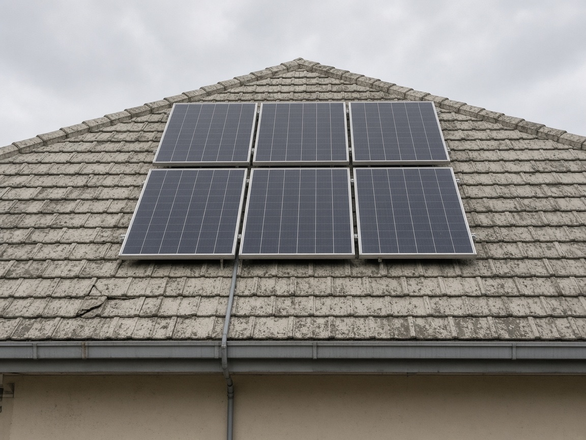 Six solar modules in two rows on a light concrete-tile gable roof