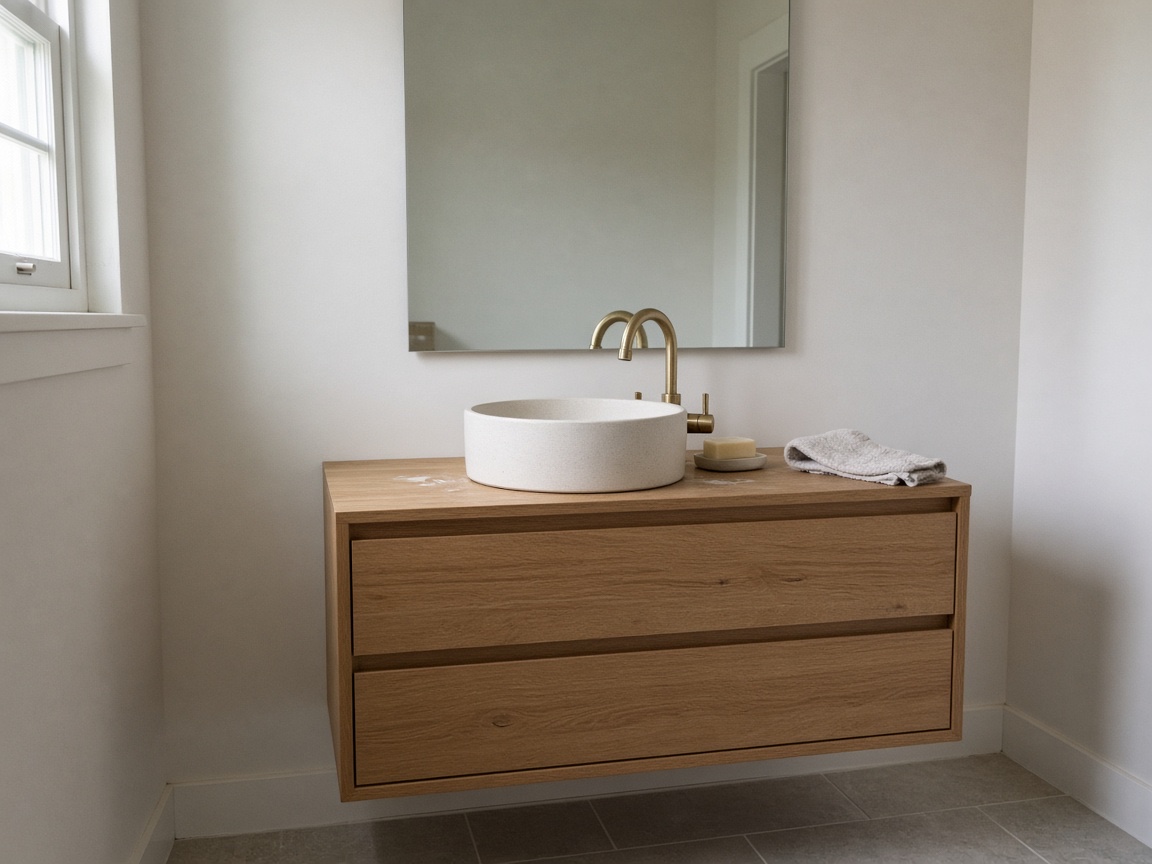 Wall-hung oak bathroom vanity with a round basin