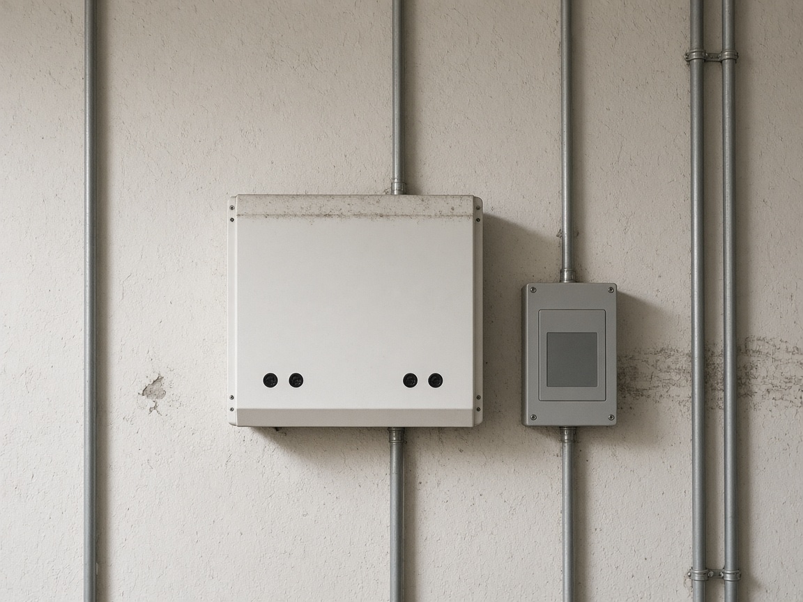 Unlabeled inverter and conduit on a plaster wall