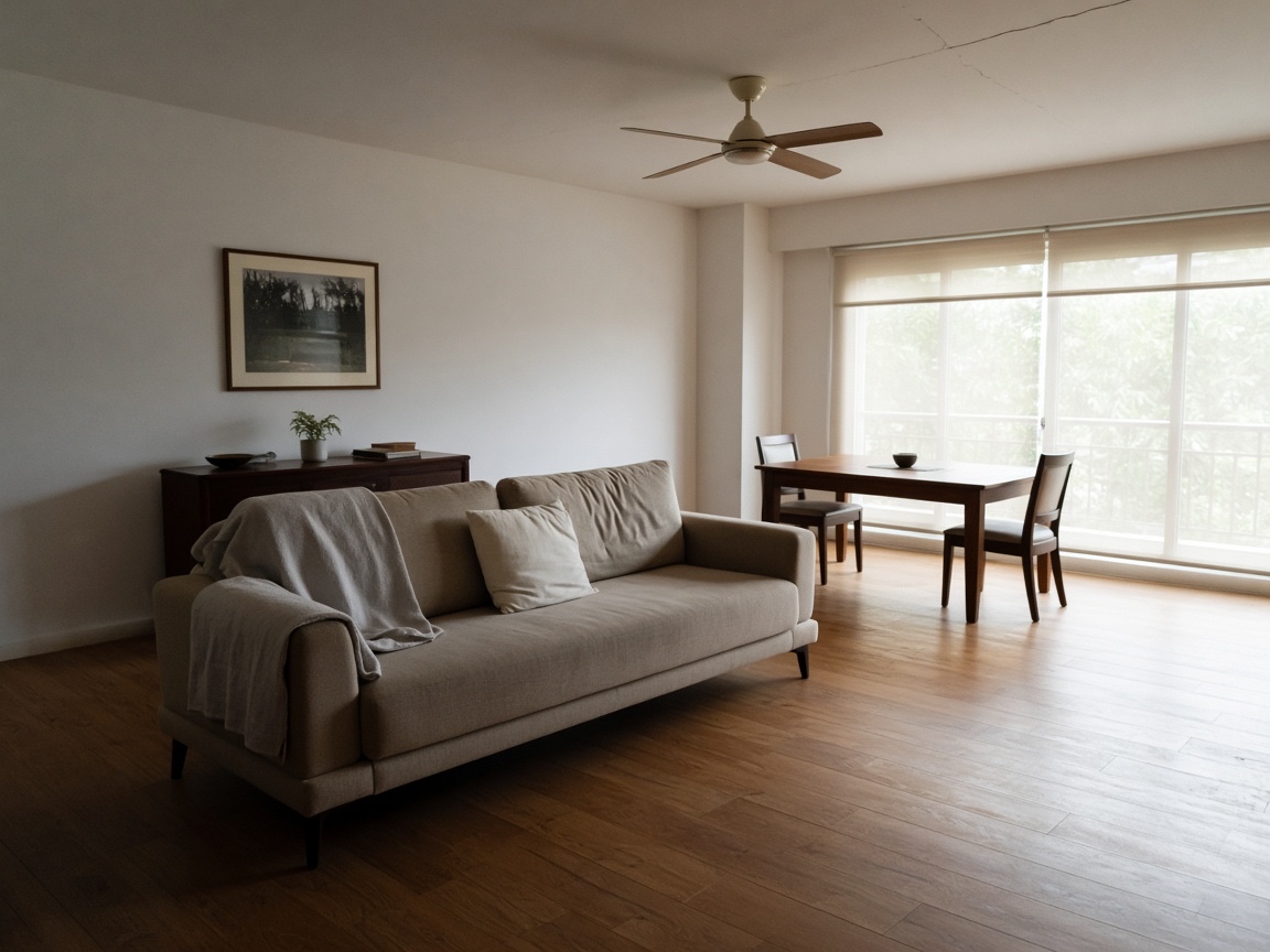 Open-plan living and dining area with warm wood flooring and daylight