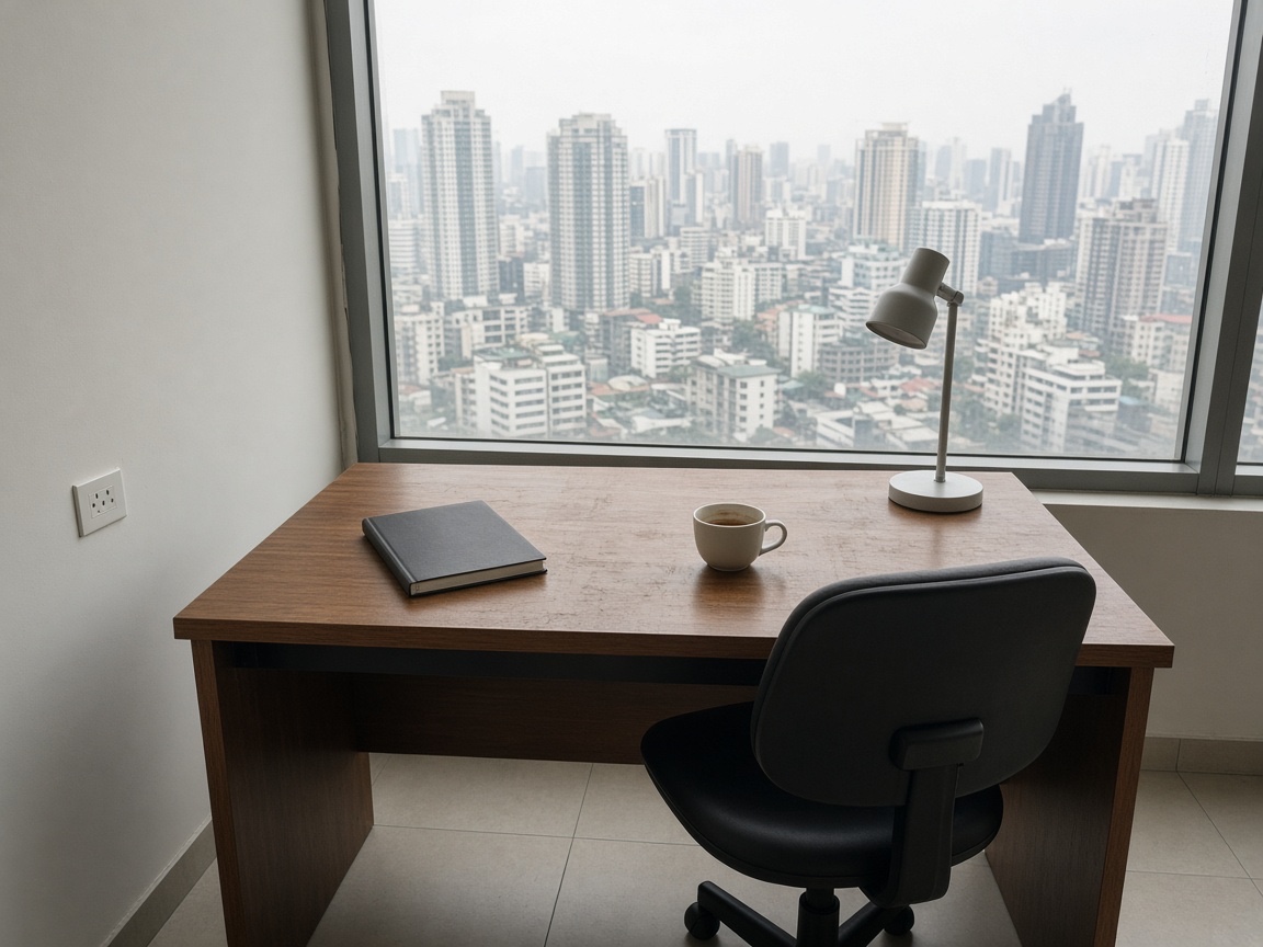 Modern office desk with city view and natural light