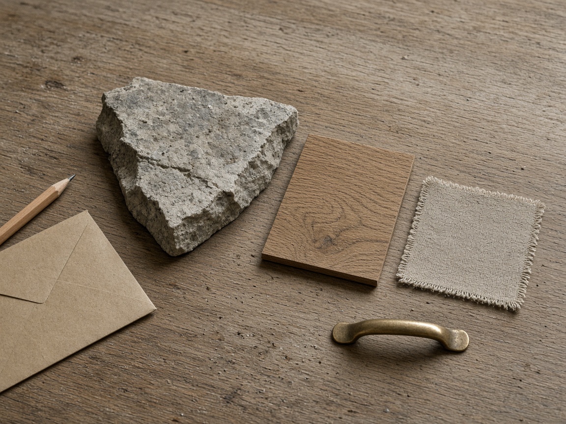 Interior design material samples and hardware on a worktable