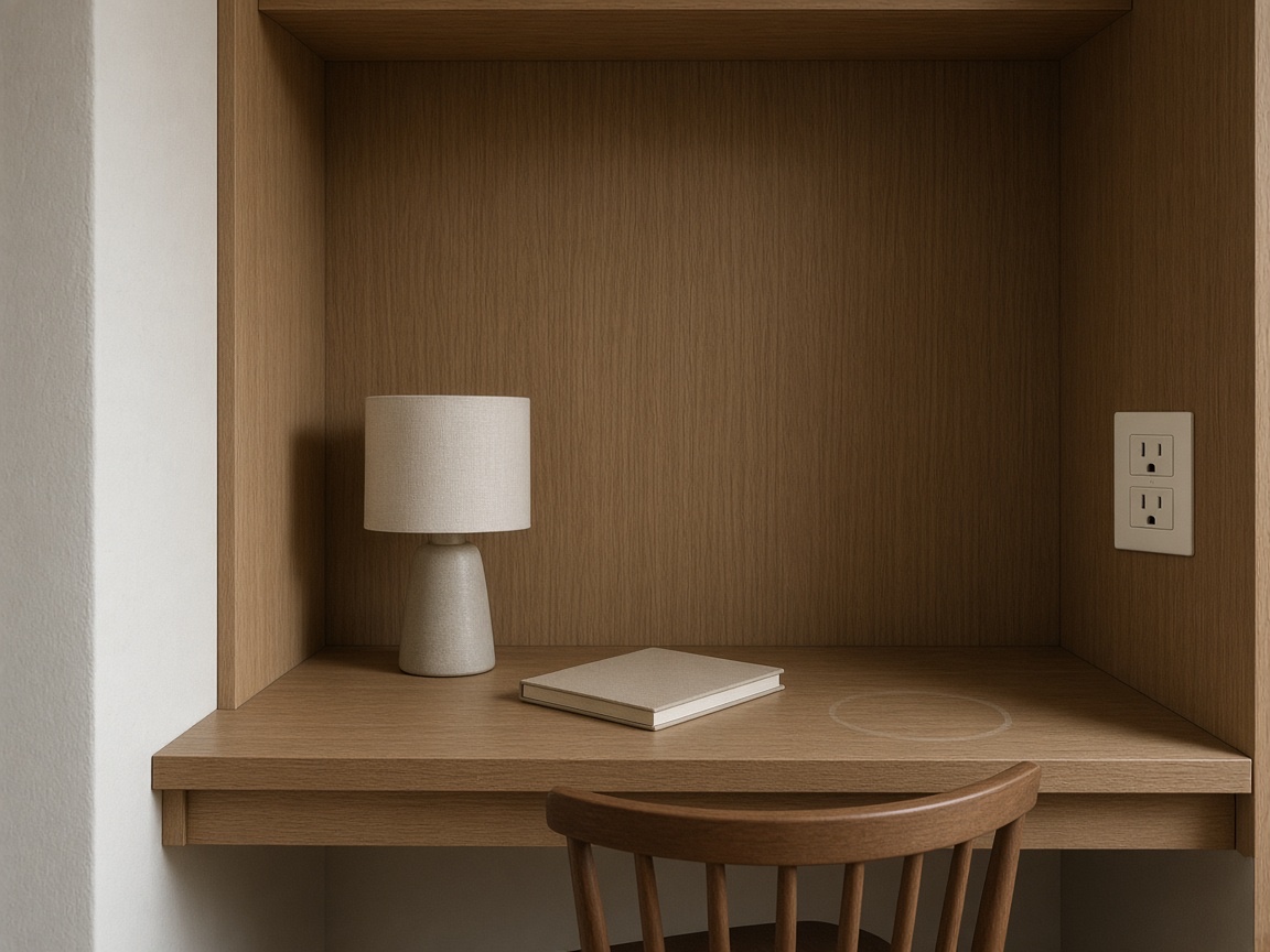 Built-in oak desk with a lamp and closed notebook