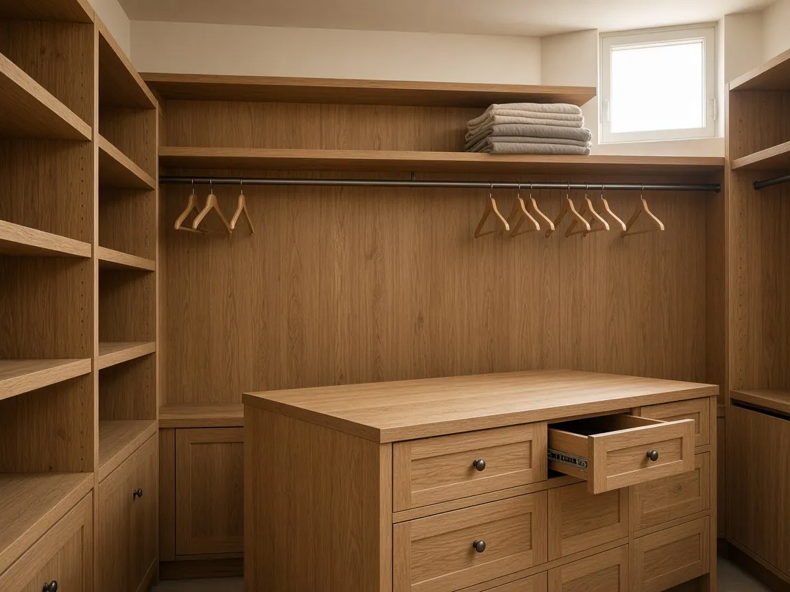 Empty oak walk-in closet with a drawer island